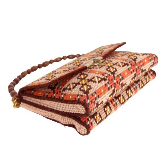 HANDMADE EMBROIDERED MULTICOLOR TAPESTRY WOOD HANDLE FLAP POCKETBOOK HANDBAG - Picture 7 of 14